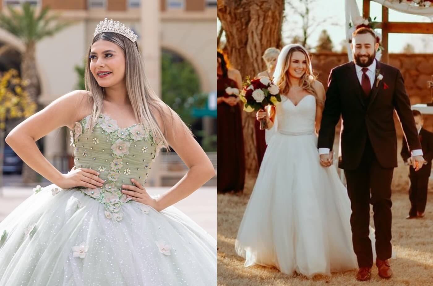 Сouple wearing a white gown and a black suit
