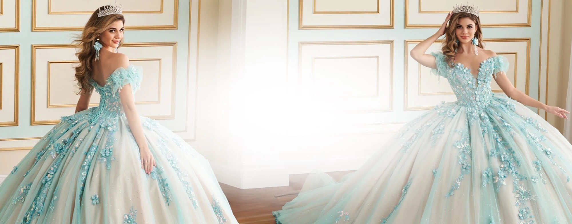 Models wearing a bridesmaids dresses
