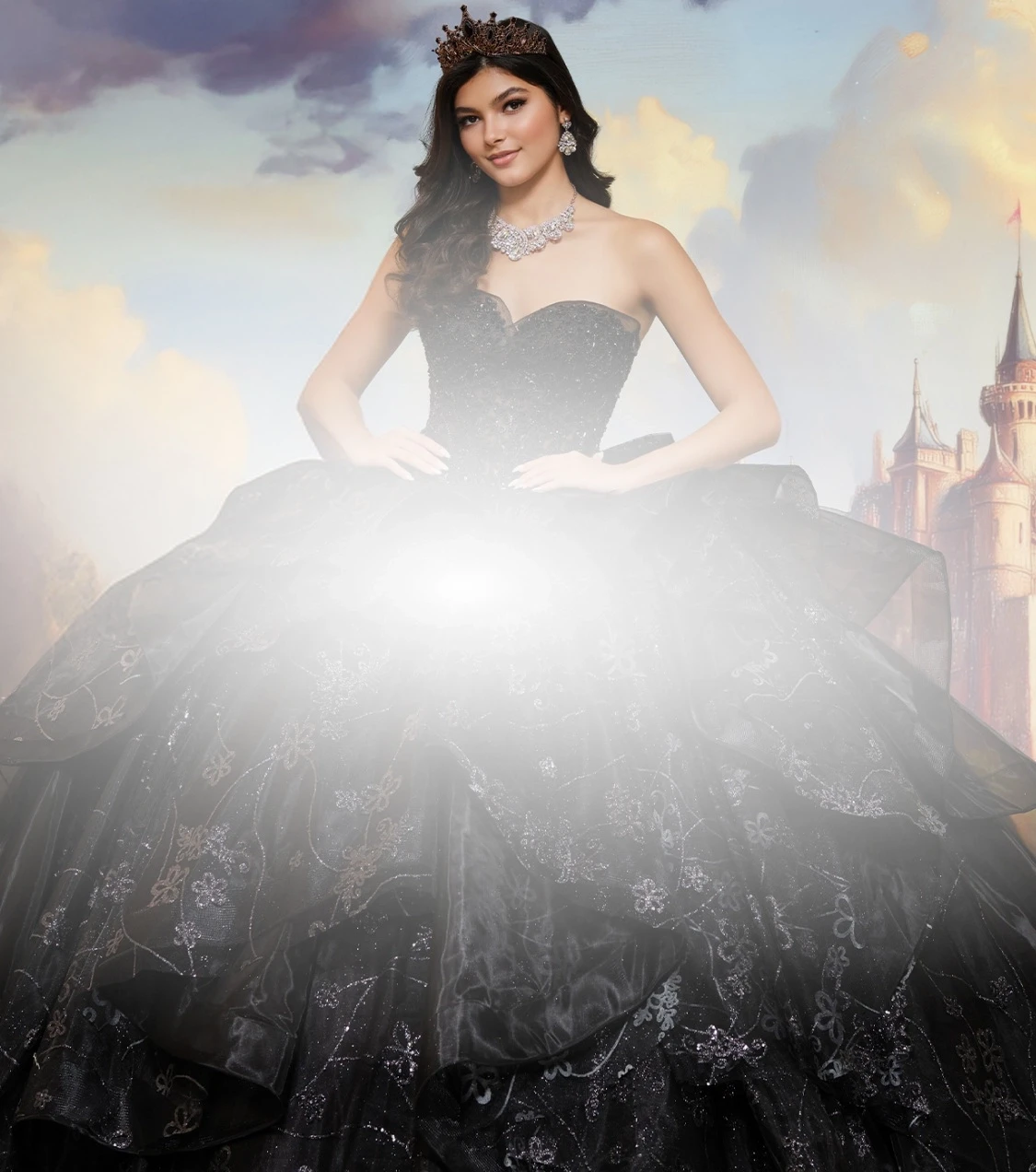 Models wearing quinceanera dresses. Mobile image