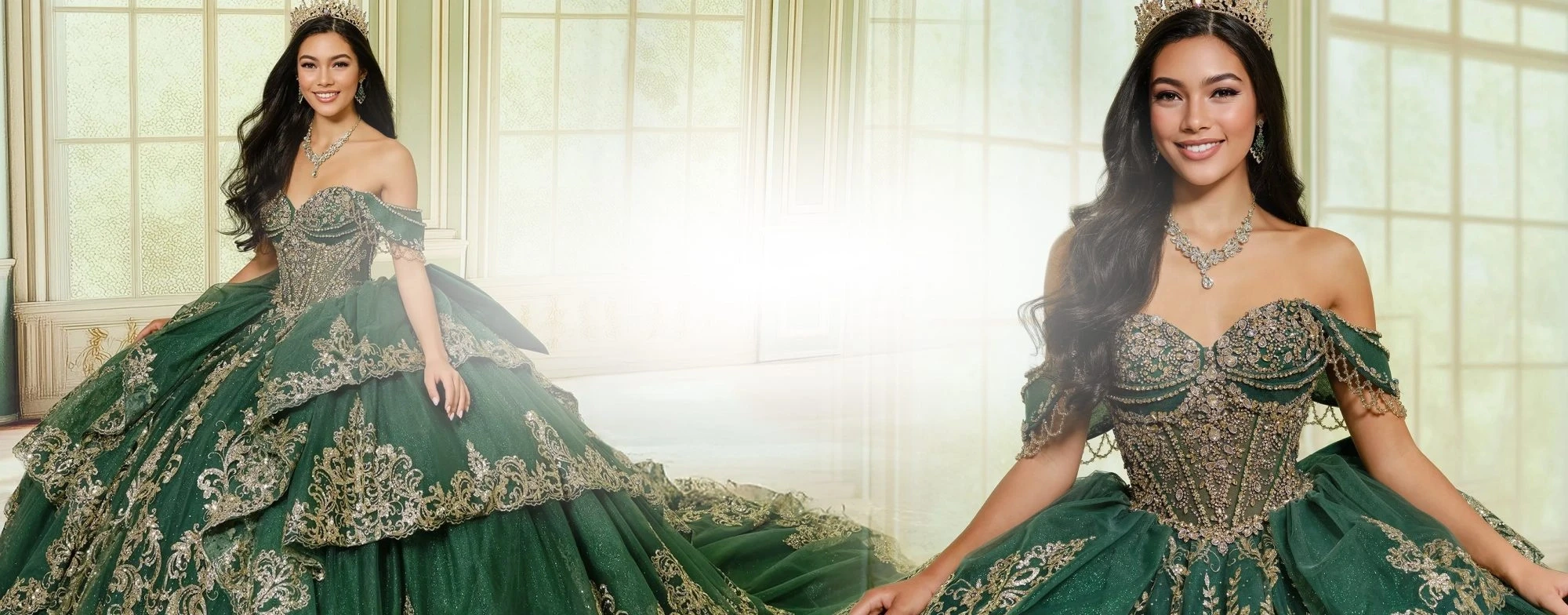 Models wearing quinceanera dresses