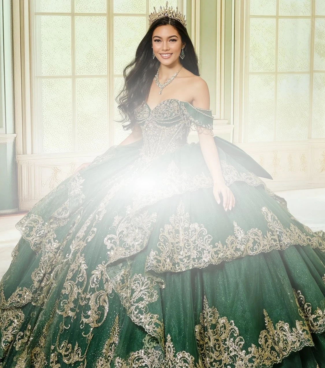 Models wearing quinceanera dresses. Mobile image
