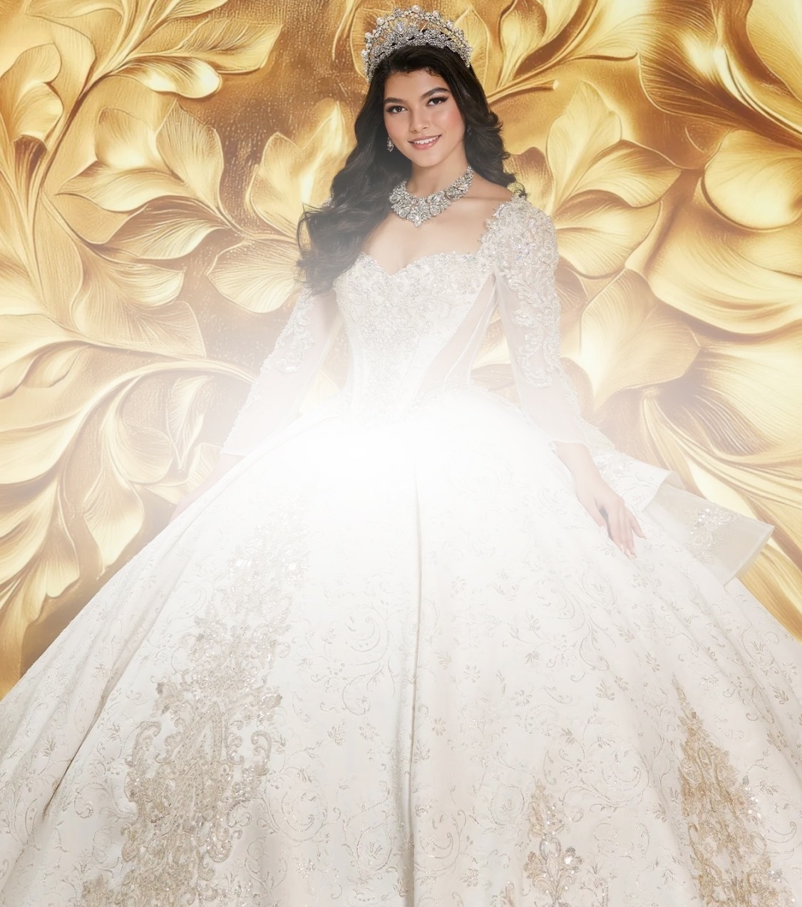 Models wearing quinceanera dresses. Mobile image