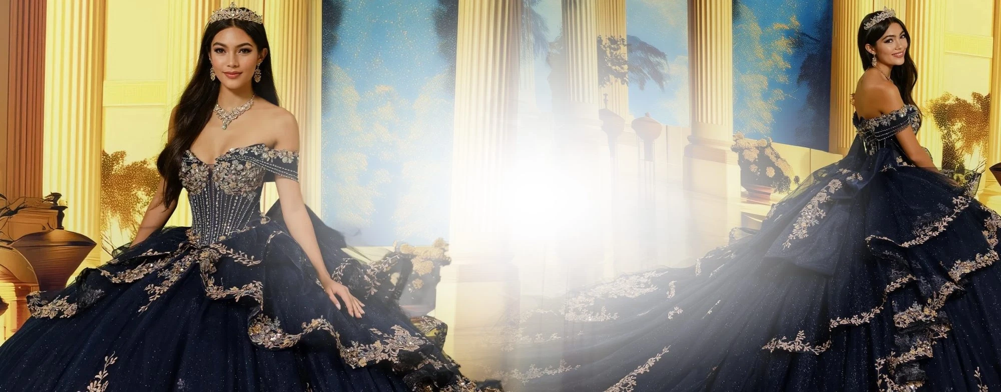 Models wearing quinceanera dresses