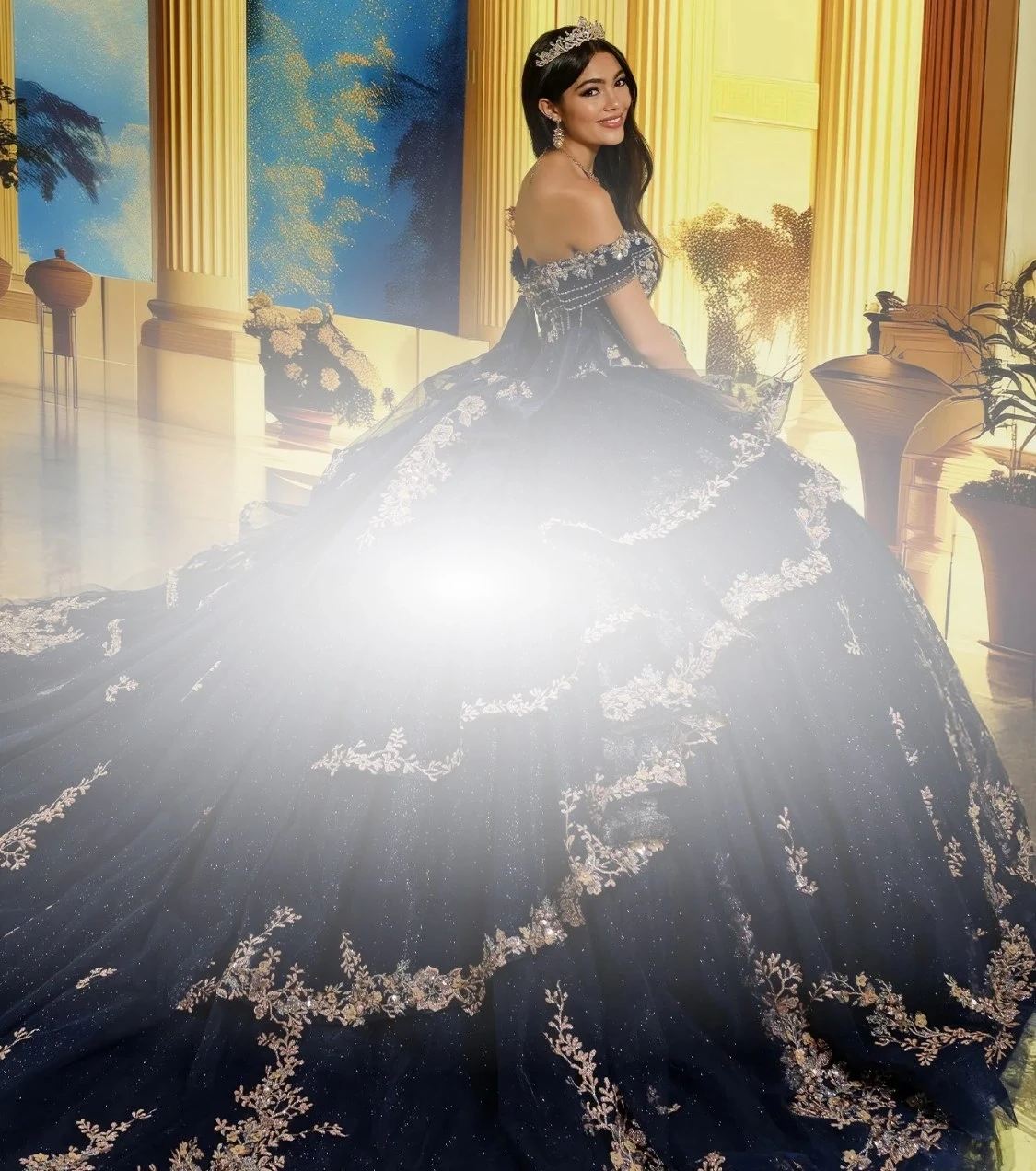 Models wearing quinceanera dresses. Mobile image