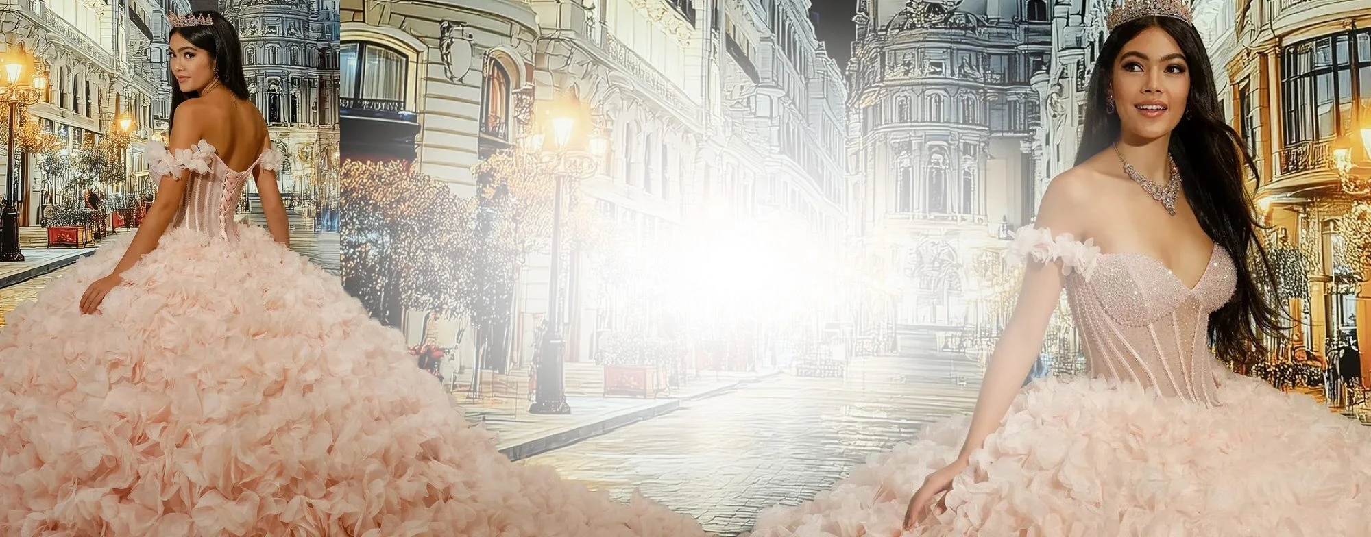 Models wearing quinceanera dresses