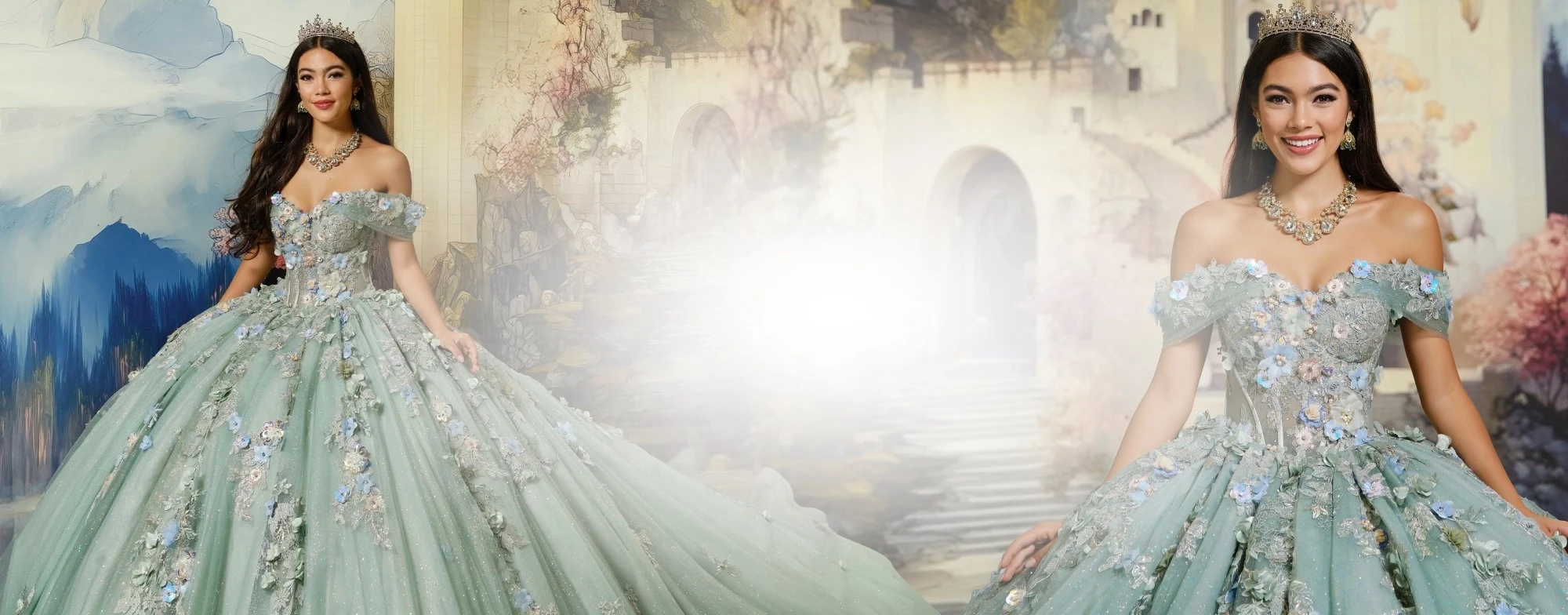 Models wearing quinceanera dresses