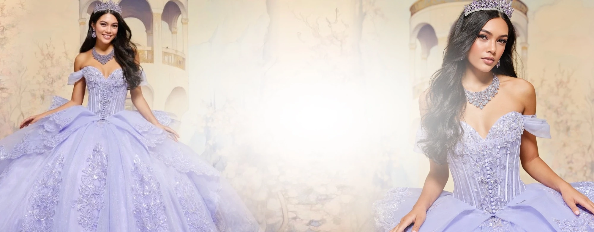 Models wearing quinceanera dresses