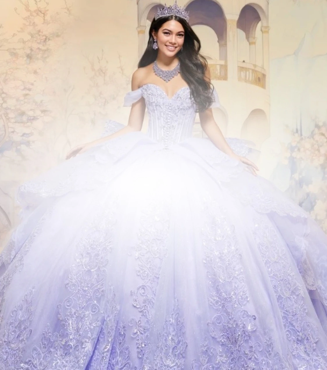 Models wearing quinceanera dresses. Mobile image