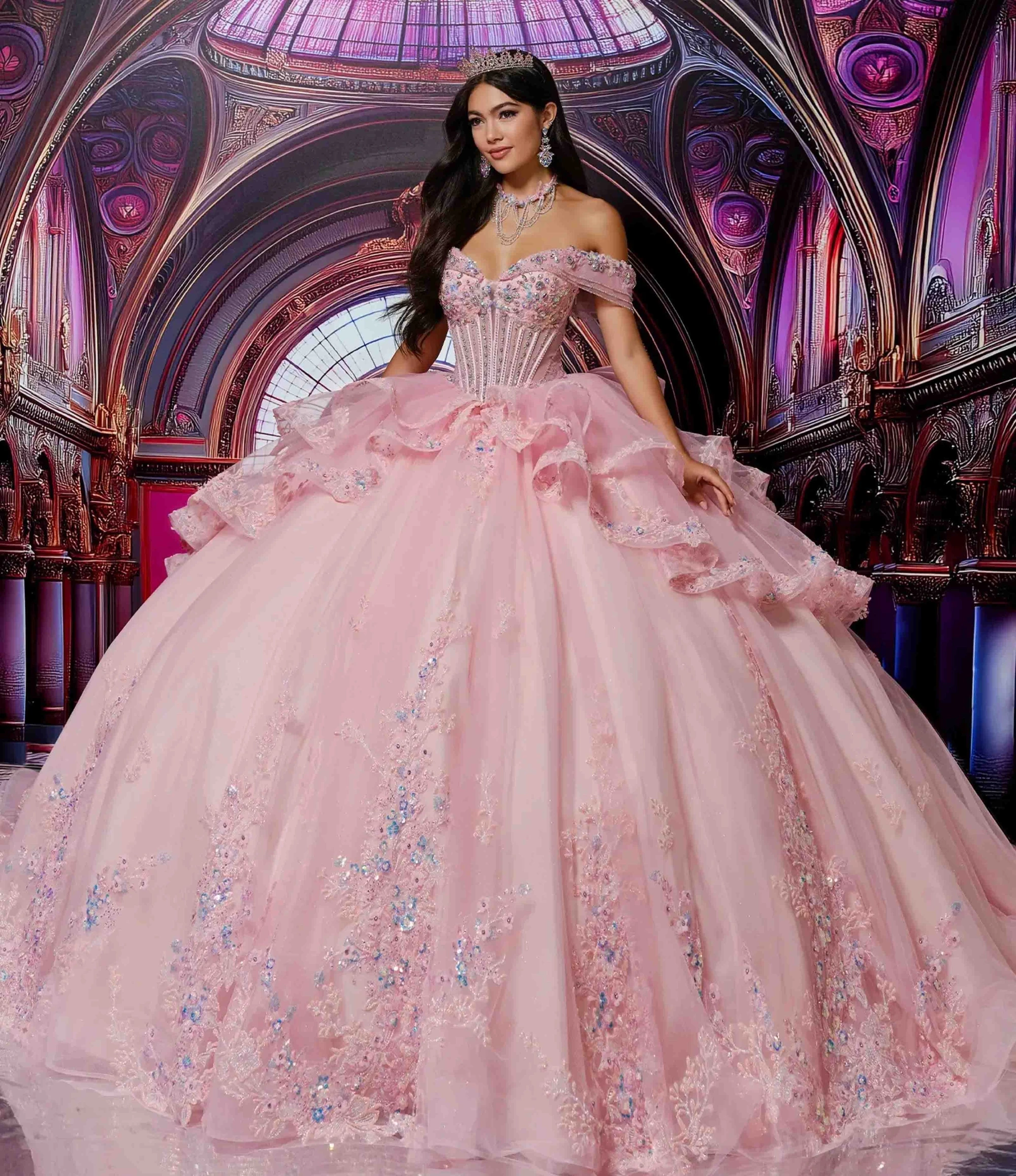 Model wearing a princesa by ariana vara dress