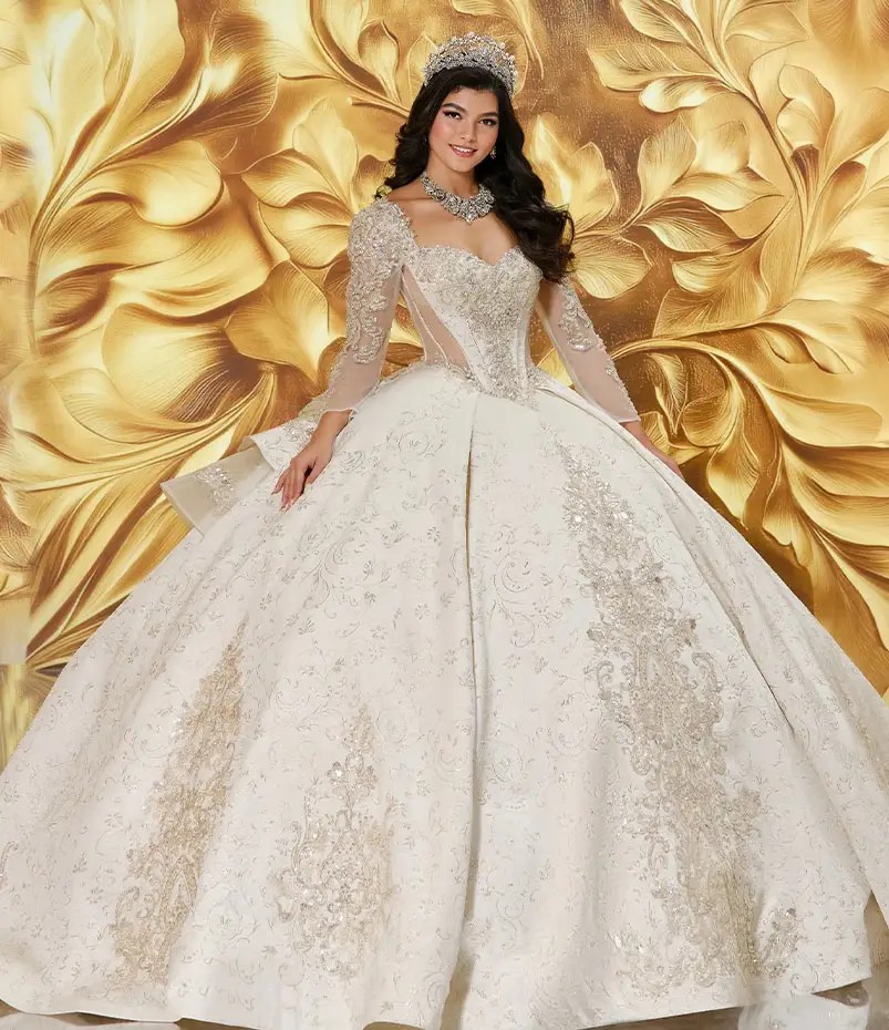 Model wearing a princesa by ariana vara dress