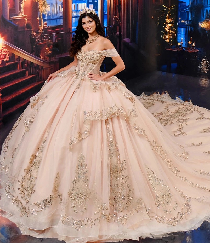 Model wearing a princesa by ariana vara dress