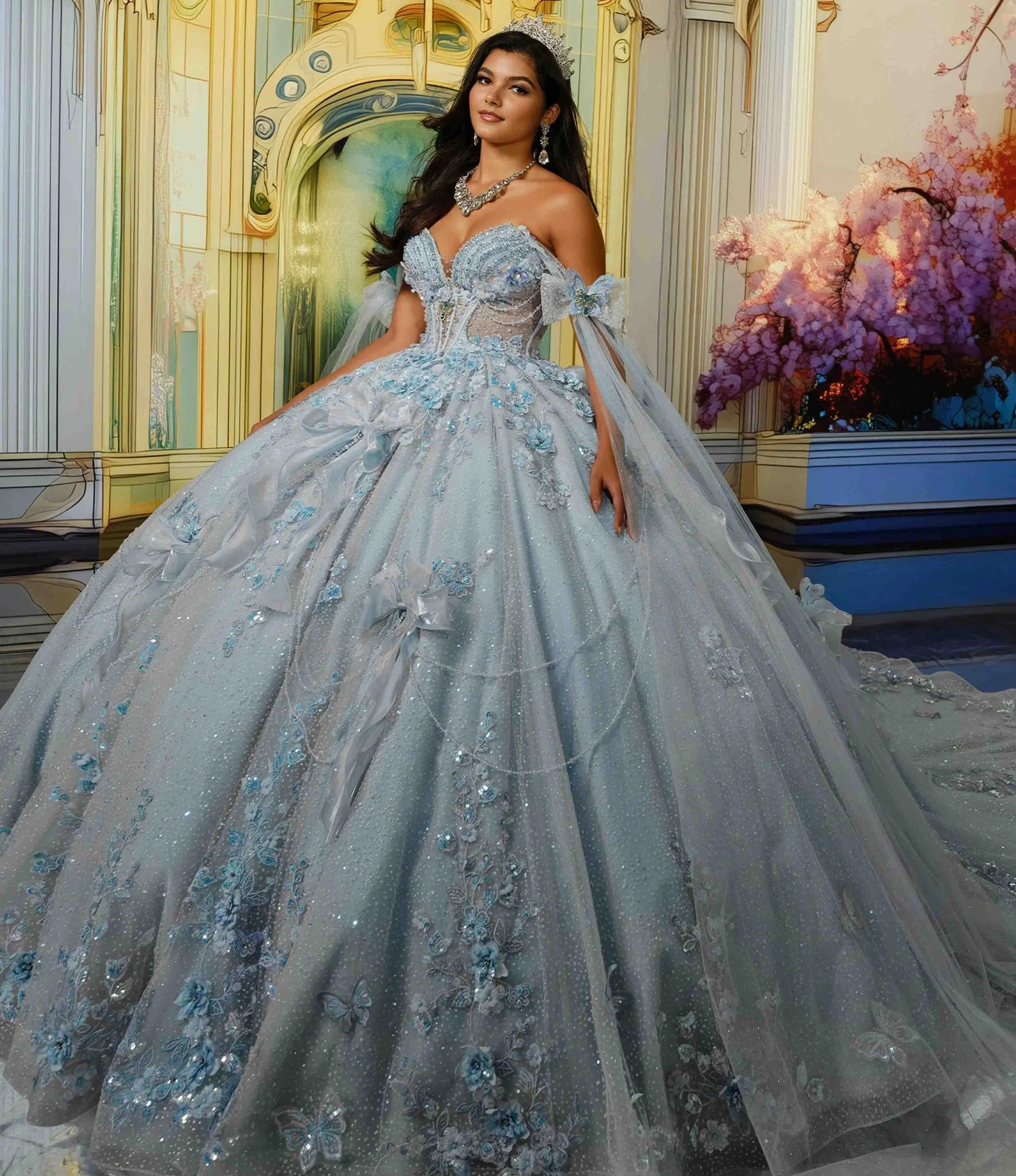 Model wearing a princesa by ariana vara dress